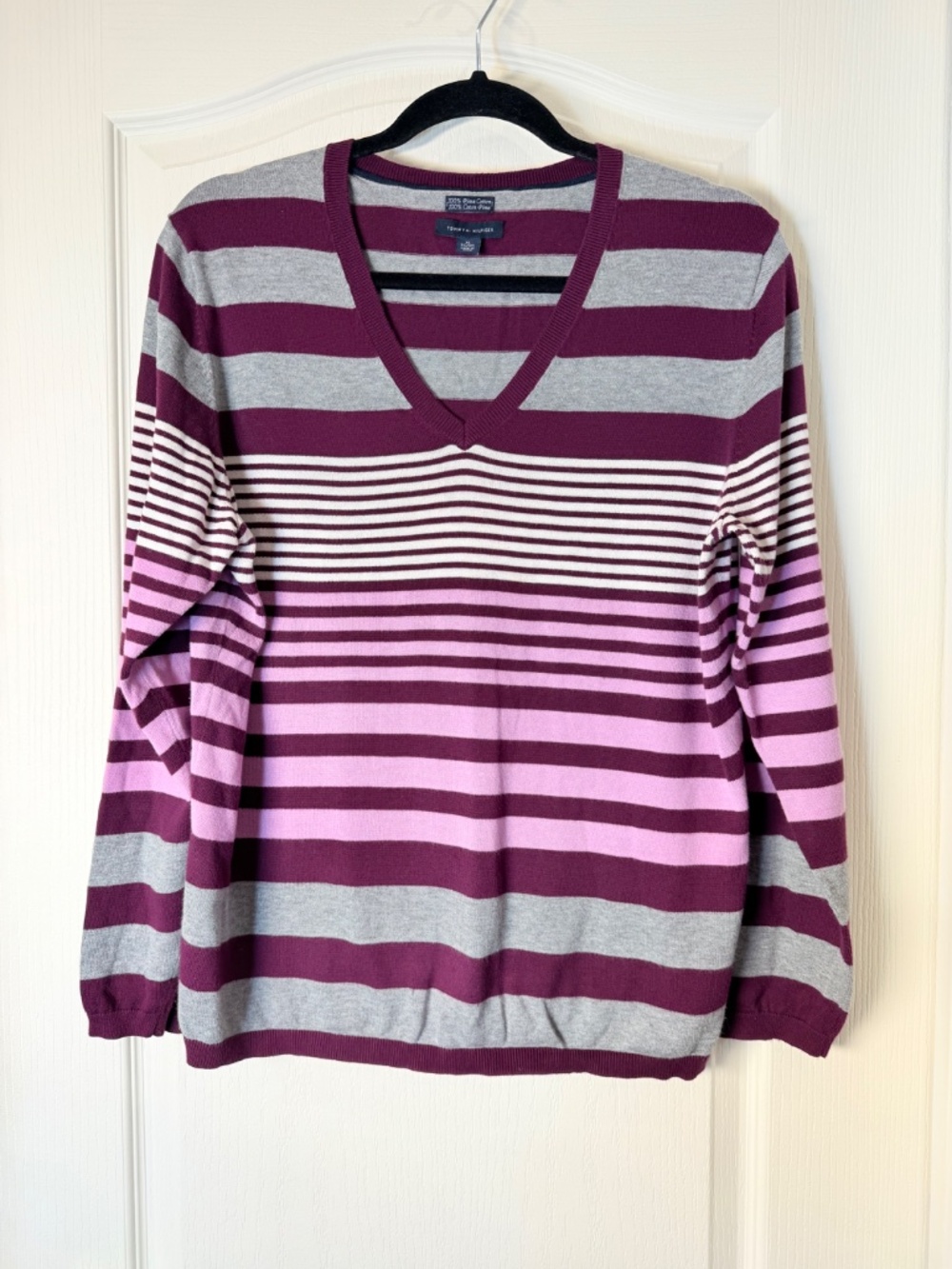 Tommy Hilfiger XL Pima Cotton Striped V Neck Sweater Plum Lilac Grey Lightweight
